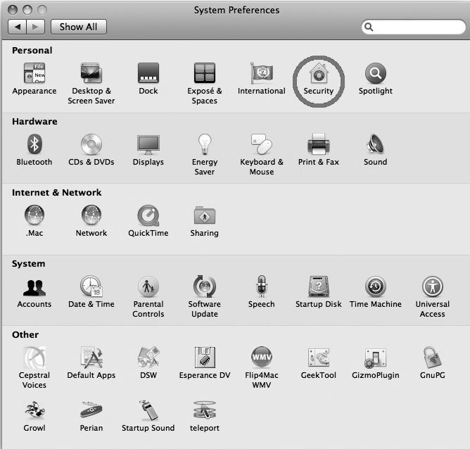 Рис. 6.22. Значок Security в окне System Preferences на Mac