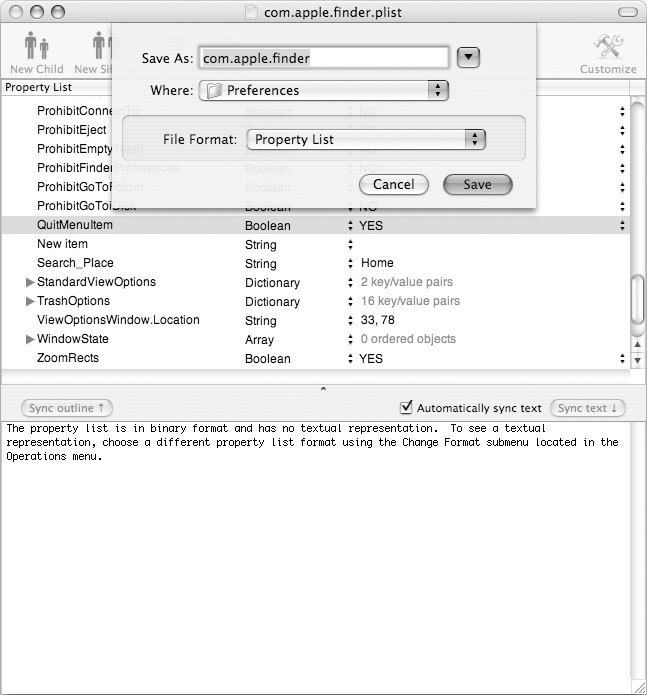 Рис. 3.11. Сохранение модифицированного файла списка свойств (.plist)
